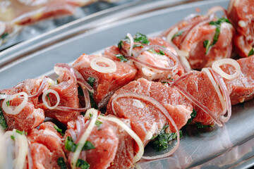 marinated meat for barbecue. Meat skewered and ready to grill