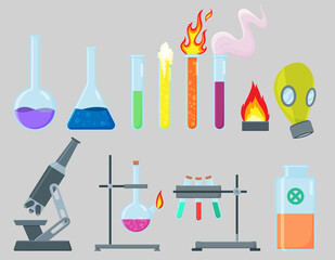 Chemical Experiment Laboratory Equipment Set. Glass Flasks, Microscope, Tube, Beaker, Flask, Gas Mask. Equipment and elements for game and app design. Collection for Chemical Research Laboratory