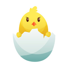 Cute little cartoon chick hatched from an egg isolated on a white background. Funny yellow chicken.  illustration of little chicken for children