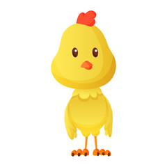 Cute little cartoon cockerel standing isolated on a white background. Funny yellow cockerel.