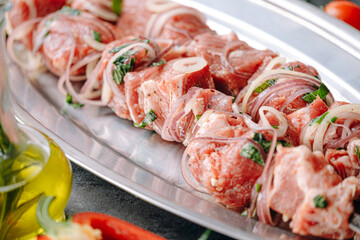 marinated meat for barbecue. Meat skewered and ready to grill
