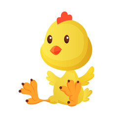 Cute little cartoon chick seating isolated on a white background. Funny yellow chicken.  illustration of little chicken for children