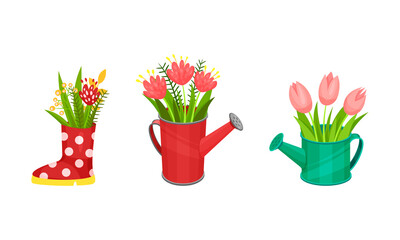Garden Flowers in Different Containers and Fancy Pots Vector Set
