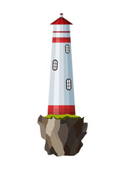  flat lighthouse. Cartoon landscape. Searchlight tower for maritime navigational guidance. Architecture object. Flat building lighthouse on bank
