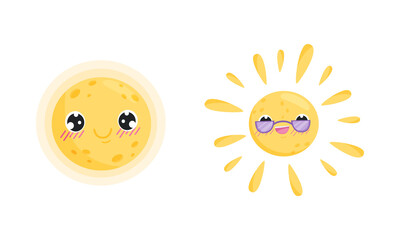 Cartoon Sun Wearing Sunglasses Beaming and Smiling Vector Set