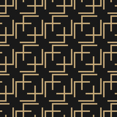 Abstract golden geometric seamless patterns. Simple vector texture with linear geometrical shapes, lines. Stylish modern gold and black background. Luxury repeat design for print, wallpaper, decor