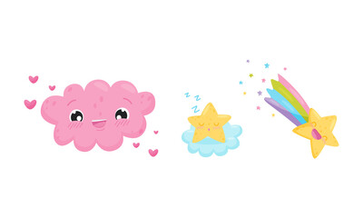 Cartoon Cloud with Beaming Smile and Falling Star Vector Set