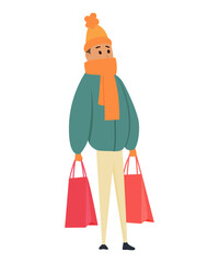 Shopping Man character with paper bags in his hands. Smile with pleasure of purchase perfect goods. Winter time. Good for sales and discounts.  concepts. Flat design