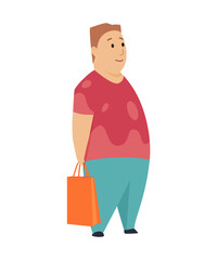 Shopping Man character with paper bag in his hands. Smile with pleasure of purchase perfect goods. Good for sales and discounts.  concepts. Flat design