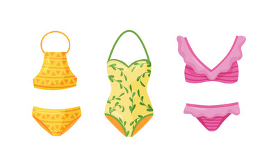 Stylish Swimsuit as Clothing for Sun Bathing and Water Sport Activity Vector Set