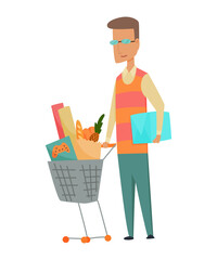 Shopping Man character with basket full food . Smile with pleasure of purchase perfect goods. Good for sales and discounts.  concepts. Flat design