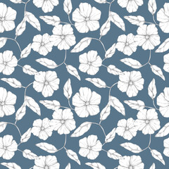 Graphic flowers and leaves seamless pattern on pastel blue background. Vintage botanical print. Floral design element, decoration, background.