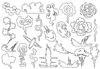 Obraz premium Explosion with smoke cloud. Fog flat isolated clipart for advertising posters, effects and design. Cartoon white smoke. illustration. Sketch style