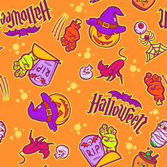 Seamless pattern for Halloween holiday decoration. Halloween symbols cartoon style pumpkin, bat.Vector illustration