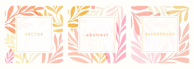 Set of square template with botanical elements. Modern vector floral illustration for print design, social media post, web ads. Abstract plant background.