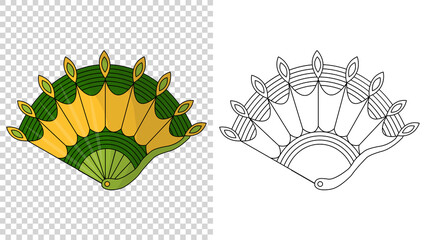 Asian fans. Colored hand traditional fan isolated on transparent background, paper folding painting fan in web style. Decorative whisker for man and woman. And sketch style