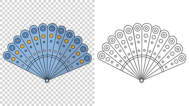 Asian fans. Colored hand traditional fan isolated on transparent background, paper folding painting fan in web style. Decorative whisker for man and woman. And sketch style