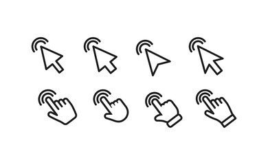 Arrow and hands click icons. Pointer vectors clicking.