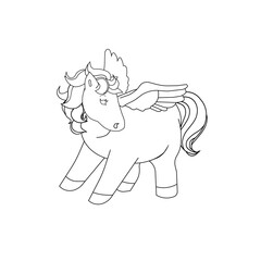 Cute isolated Pegasus in a black contour for kids, outlined vector flying horse on white isolated background, concept of Anti stress activity and Coloring, Color books and pages for children.