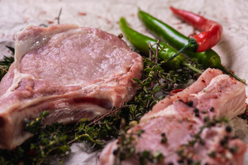 Assorted brown meat with peppers and spices on a light parchment background. Seasonings for food. Homemade spices ingredients for cooking. Selective focus
