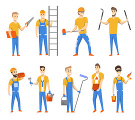 Engineers and designers for building construction. isolated set of character. Mans wearing uniform and using different instruments and paint roller