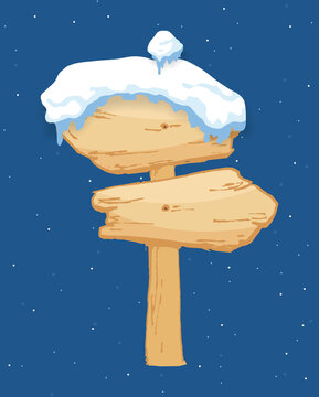 Cartoon wooden winter sign with snow cap illustration. Snowy sign board. Wood directional arrow, snow covered banner