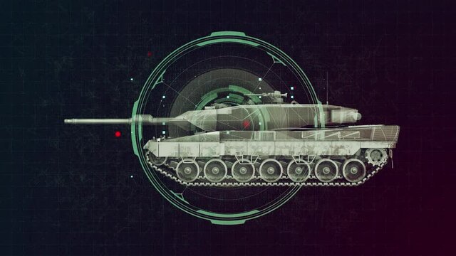 Military tank 3d wireframe with thin blue lines. Tank forces futuristic hologram on science background. Loop rotation animation
