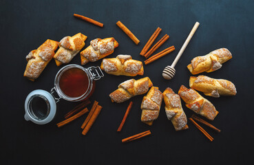 Freshly baked croissants. Good quality croissants. Bakery. Bread bakery products cafe concept, flat lay.