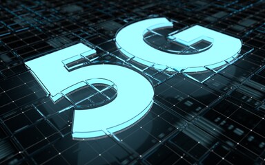 5G symbol on dark digital background. 3D illustration.