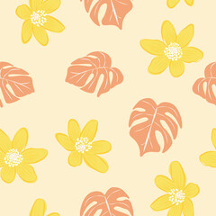 Beautifull tropical flowers and leaves seamless pattern design