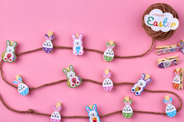 Decorations for easter. Vertical shot thread with clothes pins.