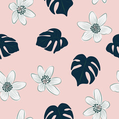Beautifull tropical flowers and leaves seamless pattern design