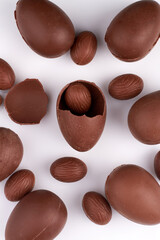 Vertical shot many chocolate eggs.