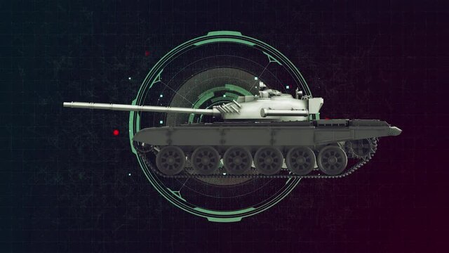 Military tank 3d wireframe with thin blue lines. Tank forces futuristic hologram on science background. Loop rotation animation