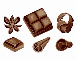 Set of broken chocolate bars and shavings on white background, realistic illustration
