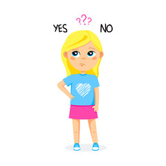 A blonde kid girl makes a yes or no decision. Pensive character with question marks and yes and no. Vector