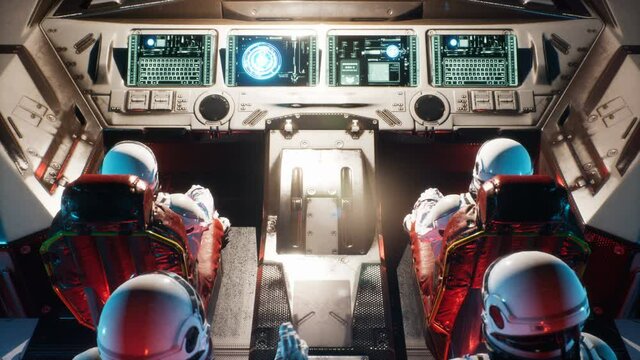 Astronauts fly through a space portal in an interstellar spacecraft. The animation is for fantastic, the futuristic or space travel backgrounds. View of the spacecraft with an astronaut.