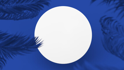 White circle, blue background, palm trees. Abstract illustration, 3d render.