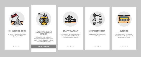 Crushed Stone Mining Onboarding Mobile App Page Screen Vector. Heavy Machinery And Excavator, Dump Truck And Railway Carriage, Stone Mine Equipment Illustrations