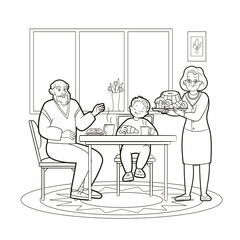 Coloring book, grandparents are drinking tea with their grandson at the table, treating him to sweet grandma's pastries. Vector illustration for children, black and white line art