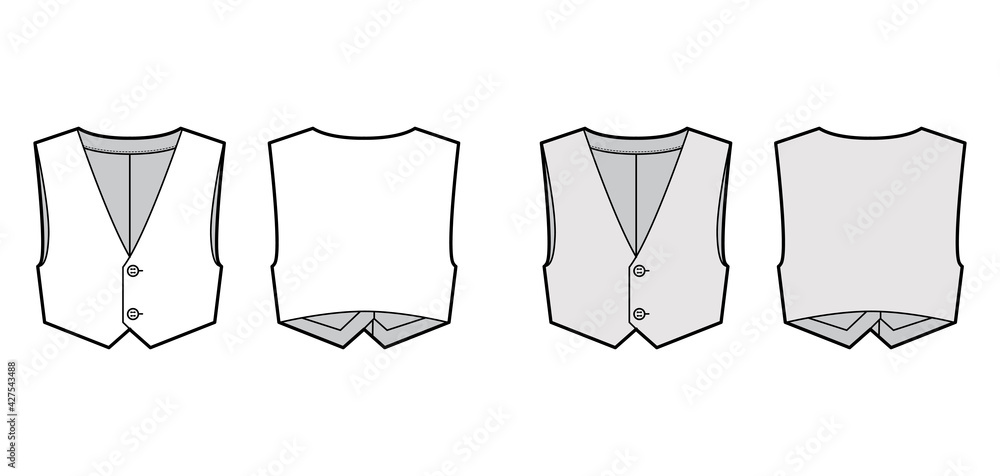 Wall mural Short vest waistcoat technical fashion illustration with cropped length, V-neckline, button-up closure. Flat apparel template front, back, white, grey color style. Women, men, unisex top CAD mockup - Wall murals