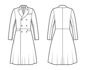 Frock coat technical fashion illustration with double breasted, long sleeves, round collar peak, knee length, A-line skirt. Flat template front, back, white color style. Women, men, unisex CAD mockup