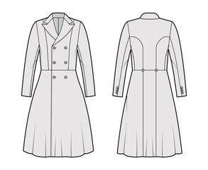 Redingote coat technical fashion illustration with double breasted, fitted, long sleeves, peak lapel collar, knee length. Flat jacket template front, back grey color style. Women, men, unisex top CAD