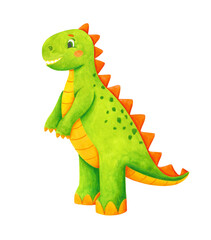 Green dinosaur clip art isolated on white. Watercolor cute tyrannosaurus illustration.