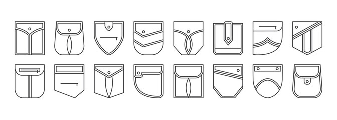 Patch pocket vector icons, buttons and line seam of jeans shirt and pants. Clothes pockets different shapes outline casual style. Geometric design elements isolated. Fashion illustration