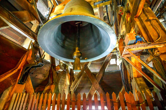 Paris, France - July 2, 2017: close up of the bell of Notre Dame church in Paris, interior view. Our Lady of Paris cathedral in gothic tower in wood.