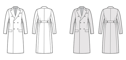 Guards coat technical fashion illustration with double breasted, midi length, round collar peak, half belt. Flat jacket template front, back, white, grey color style. Women, men, unisex top CAD mockup
