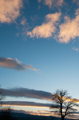 Panorama of dawn fire in the sky above the natural pasture. Golden red clouds just before sunrise. Picturesque landscape at sunrise. Beauty in nature