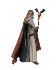 3D rendering of an old wizard in robes and hooded cloak, holding a magical staff isolated on white.