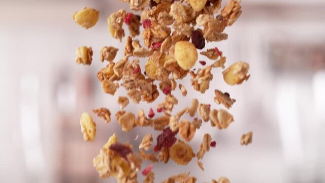 Crispy Granola Cereals Falling Down in Slow Motion and Macro (Phantom Flex)